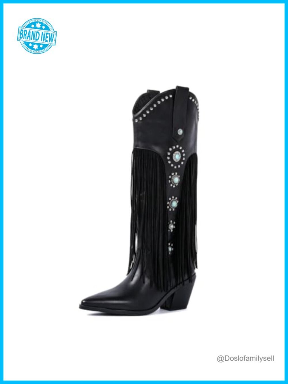 Faux Leather Western Cowboy Boots Pointed Toe Block Heel Fringe